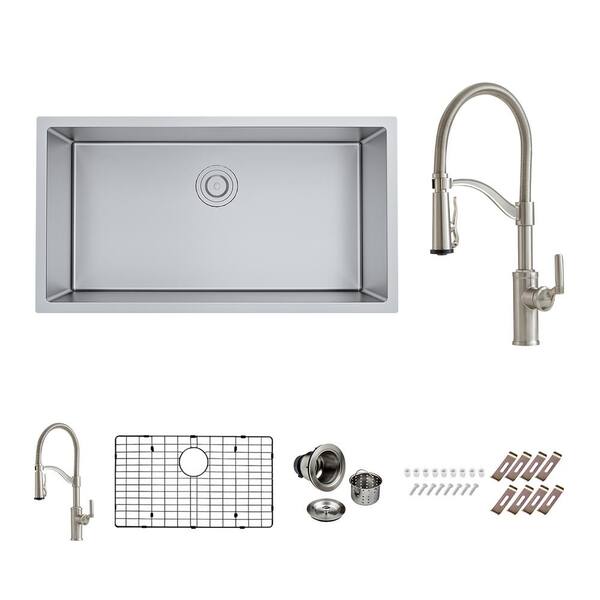 PELHAM & WHITE Bryn Stainless Steel 16- Gauge 33 in. Single Bowl Undermount Kitchen Sink with Farmhouse Faucet, Bottom Grid, Drain