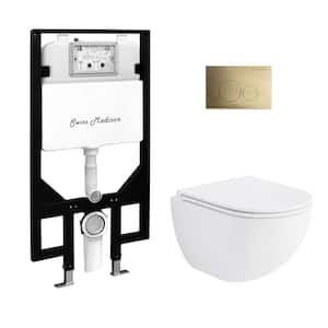 St. Tropez Wall-Hung Toilet, Round, 3-Piece Bundle 0.8/1.6 GPF Dual Flush in Glossy White with Brass Flush Plate