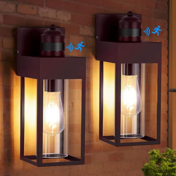 GMGSROM 1-Light Bronze Motion Sensing Dusk to Dawn Hardwired Outdoor Wall Lantern Sconce with Clear Glass(2-Pack)