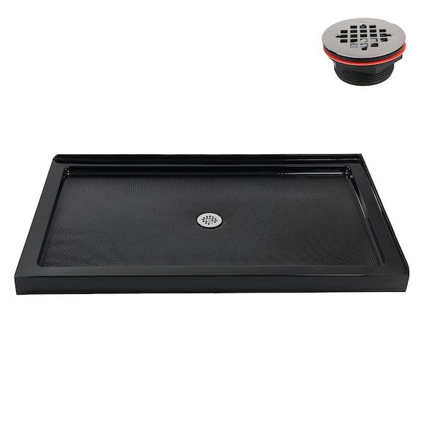 60 in. L x 36 in. W Corner Acrylic Shower Pan Base in Glossy Black with Center Drain, Drain Included
