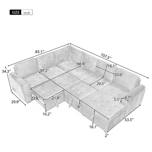 107.5 in. Square Arm Corduroy U-Shaped Sectional Sofa in Beige with Sofa Bed, Storage Lounge and Charging Devices