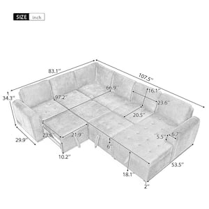 107.5 in. Square Arm Corduroy U-Shaped Sectional Sofa in Gray with Sofa Bed, Storage Lounge and Charging Devices