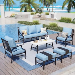 Black Meshed 7-Seat 6-Piece Metal Outdoor Patio Conversation Set with Blue Cushions and Table with Marble Pattern Top