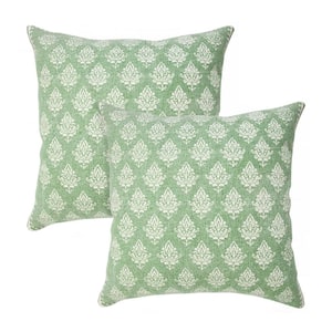 Fantasy Green Damask Stonewashed Hand-Woven 20 in. x 20 in. Indoor Throw Pillow Set of 2
