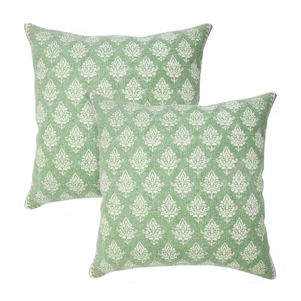 Unbranded Fantasy Green Damask Stonewashed Hand-Woven 20 in. x 20 in. Indoor Throw Pillow Set of 2