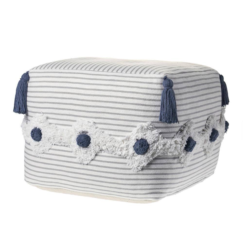 Gray and Ivory Striped Tufted Cotton Pouf Ottoman, 18"x18"x14"