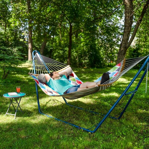 Sunnydaze 11 ft. Quilted 2 Person Hammock Bed with Curved Bamboo Bars 450 lbs. Weight Capacity in Vivid Multi Color Quatrefoil LY 131 The Home Depot