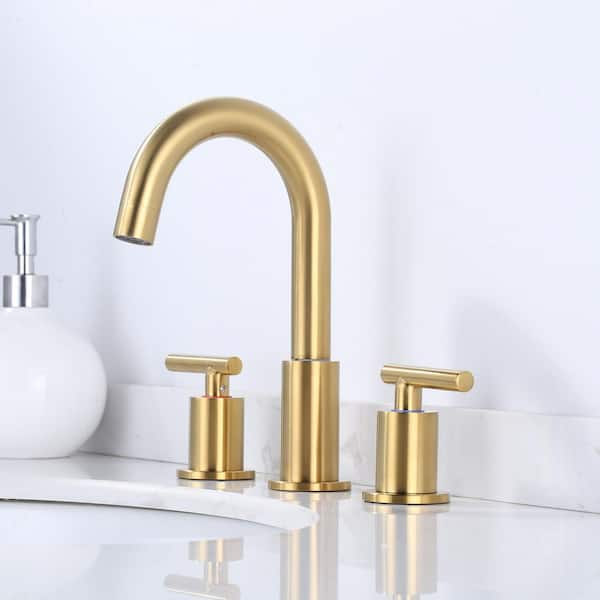 8 in. Widespread Double Handle 3-hole High-Arc Bathroom Faucet with Pop-up Drain Lead-Free in Brushed Gold