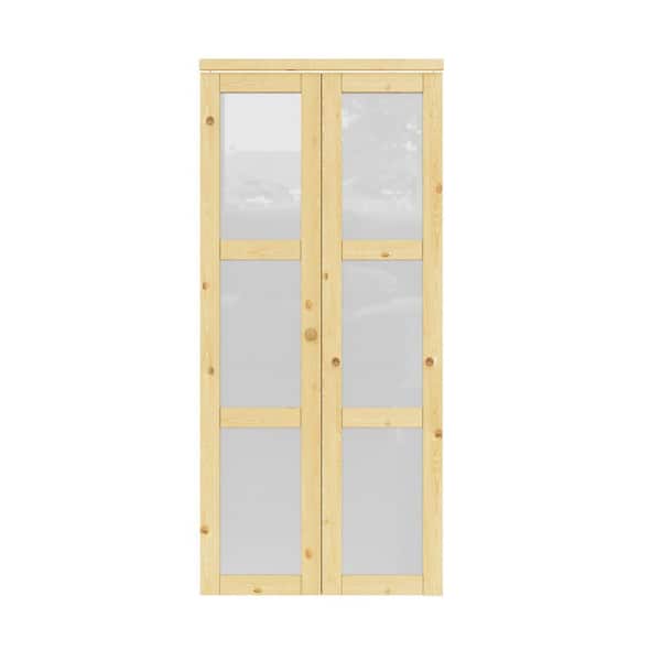 36 in. x 80 in. 3-Lite Pine Wood Tempered Frosted Glass and Solid Core Finished MDF Closet Bi-fold Door with Hardware