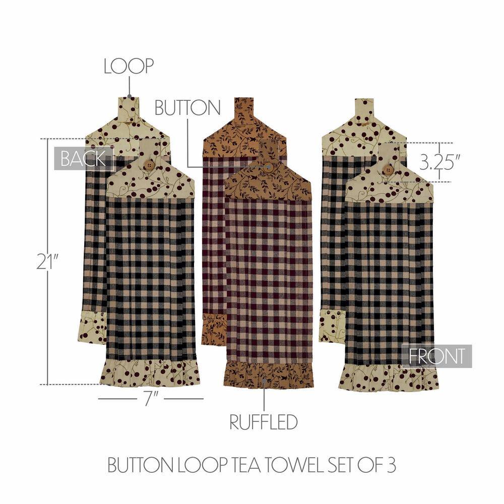 Rustic Checkered Cotton Button Loop Kitchen Towel Set of 3