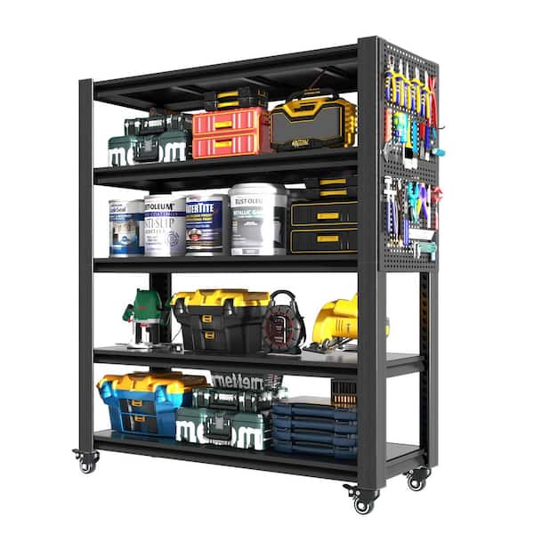 5-Tier Steel Garage Storage Shelving Unit in Black with Wheels and Pegboard (47.2 in. W x 72 in. H x 23.6 in. D)