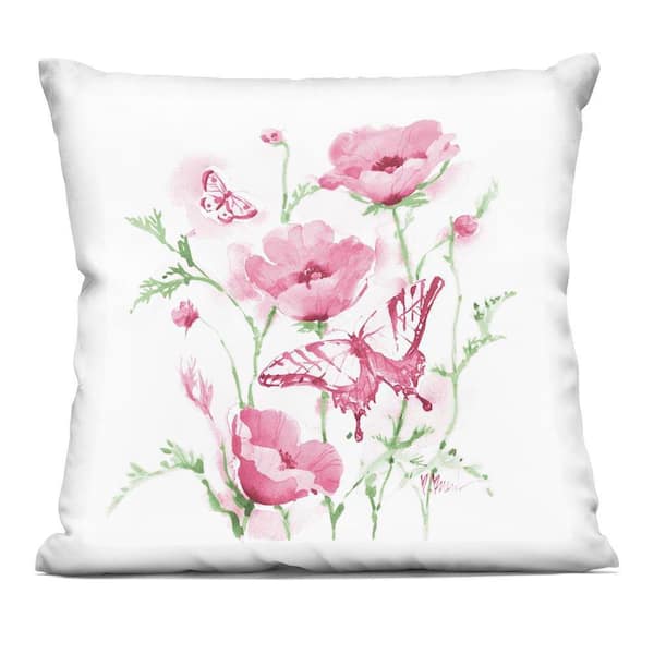 Pink Province Poppies Pink Floral Zipper Polyester 18 in. x 18 in. Throw Pillow