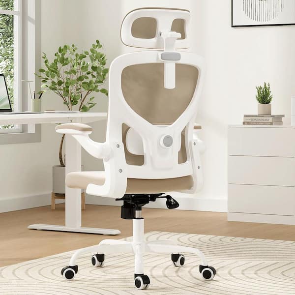 Polyurethane Adjustable Height Office Tesk Chair in Khaki with Adjustable Lumbar Support and Flip-up Armrests