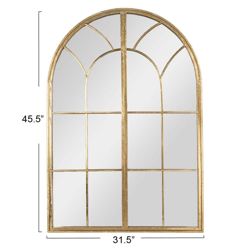 Gold Arched Windowpane Wall Mirror with Wood Frame