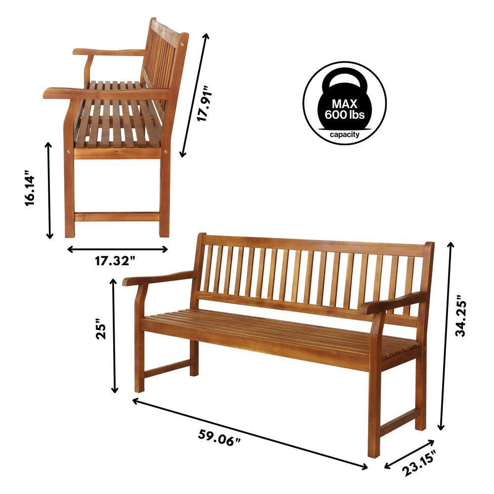Laurel 59" Teak Acacia Wood Slat-Back Outdoor Garden Bench