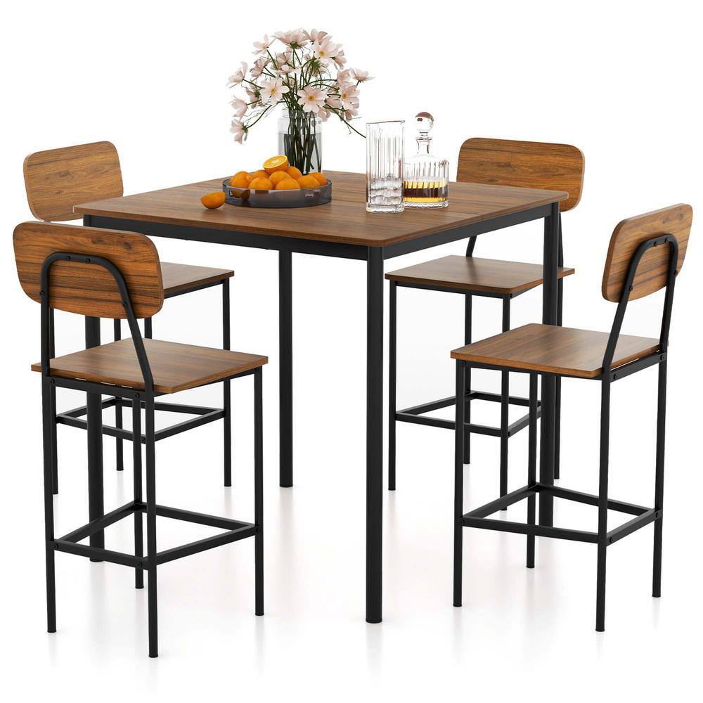 5-Piece Industrial Wood Top Dining Table Set with Counter Height Table, 4-Bar Stools Walnut