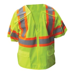 Size Extra-Large Lime ANSI Class 3 Poly Mesh 5-Point Breakaway Safety Vest with 4 in. Orange / 2 in. Silver Striping