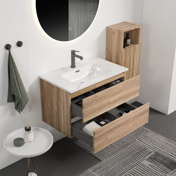 Ziyudura 30 in. Single Sink Floating Rough Oak Bath Vanity with
