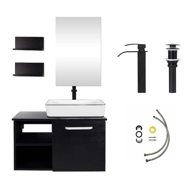Puluomis 28 in. W x 19 in. D x 16 in. H Single Sink Bath Vanity in Black with Black Solid Surface Top and Mirror