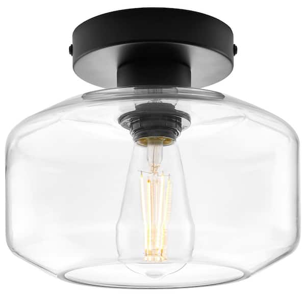 Maxxima Semi Flush Mount Industrial Ceiling Light Fixture, Black with Clear Glass Pendant Lamp Shade, Bulb Not Included