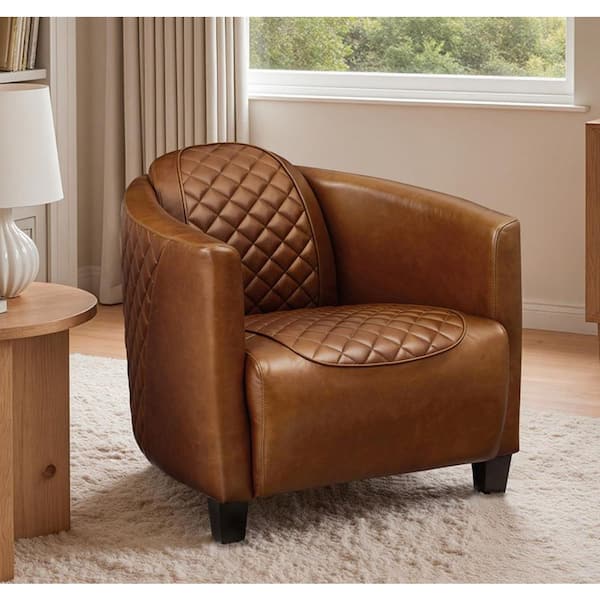 Art Leon Top Leather Brown Genuine Leather Accent Arm Chair with Wood Legs
