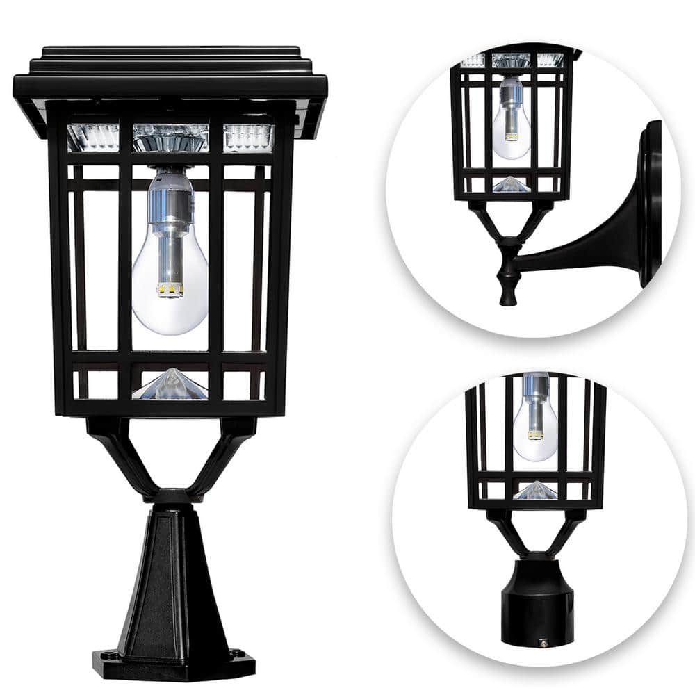 Prairie Bulb Single Black Integrated LED Outdoor Solar Post Light with 3-Mounting Options Fitter, Pier and Wall Mounts