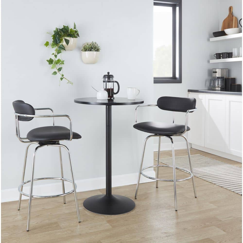 Demi 26" Black Faux Leather Swivel Counter Stools with Chrome Frame