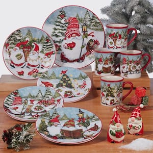Christmas Gnomes 16-Pcs Assorted Colors Earthenware Dinnerware Set (Service for 4)