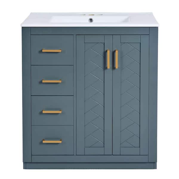 30 in. Single Sink Freestanding Blue Bath Vanity with White Ceramic Top, Amber Storage, Solid Wood Frame