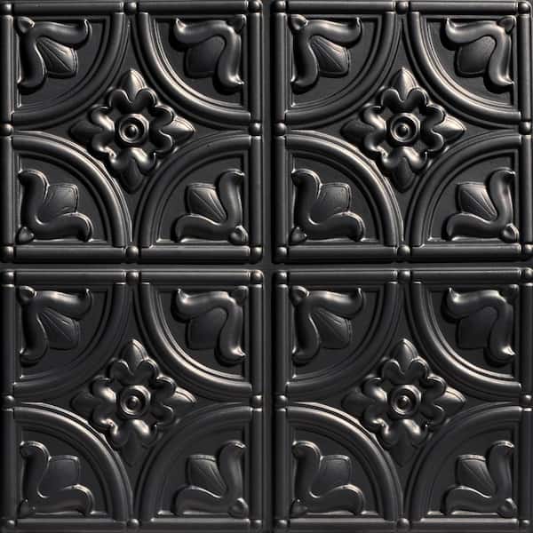 FROM PLAIN TO BEAUTIFUL IN HOURS Tiny Tulips 2 ft. x 2 ft. Glue Up PVC Faux Tin Ceiling Tile in Black (40 sq. ft./case)