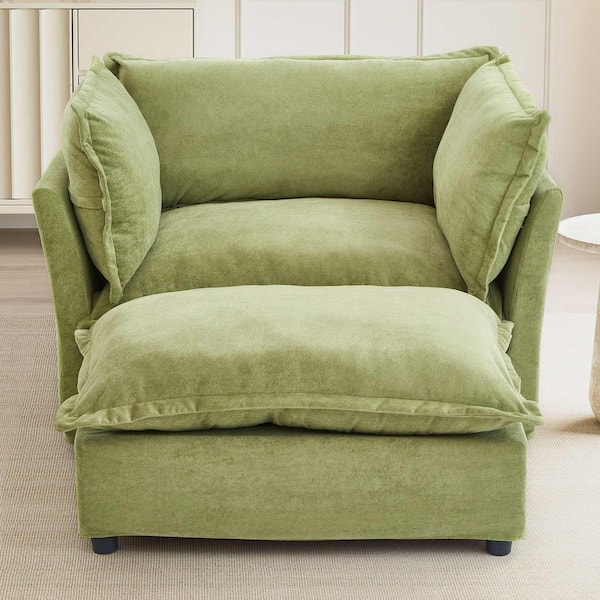 Green Chenille Arm Chair with Movable Ottoman, Wide Seat, Curved Armrests and Soft Pillows