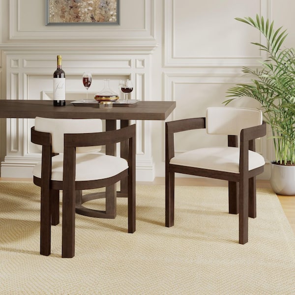 High-end Lines Walnut/Beige Fabric Upholstered Dining Chairs with Solid Rubberwood Frame and Armrest (Set of 2)