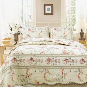Floral Garden Romance Blooms Scalloped 3-Piece Khaki Cream Cotton King Quilt Bedding Set