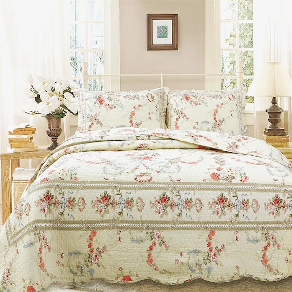 Cozy Line Home Fashions Floral Garden Romance Blooms Scalloped 2-Piece Khaki Cream Cotton Twin Quilt Bedding Set
