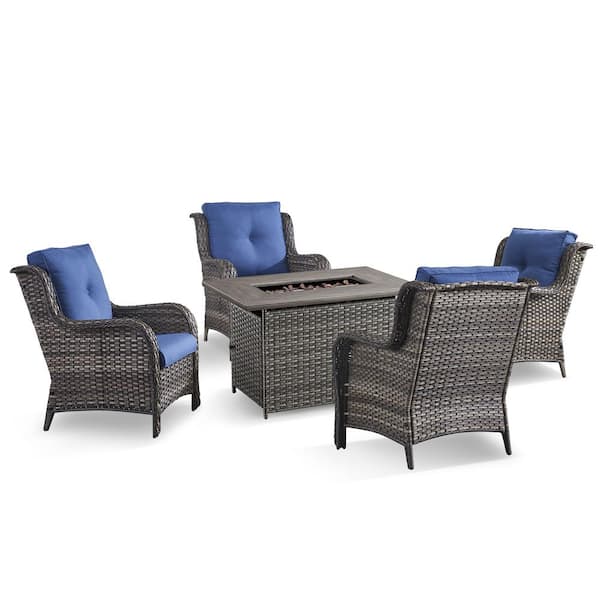 5-Piece Gray Wicker Patio Chairs for 4 with Gas Propane Fire Pit Table Sets Blue Cushions