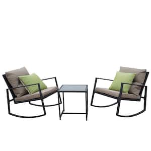 3-Piece Wicker Cast Icon Frame Rectangle Glass Coffee Table Outdoor Bistro Set with Glass Lime Stripe Taupe Cushion