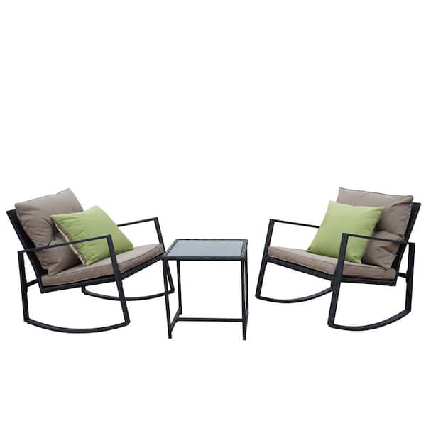 KOZYARD 3-Piece Wicker Cast Icon Frame Rectangle Glass Coffee Table Outdoor Bistro Set with Glass Lime Stripe Taupe Cushion