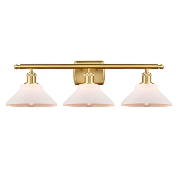 Orwell 26 in. 3-Light Matte White, Satin Gold Vanity Light with White Glass Shade