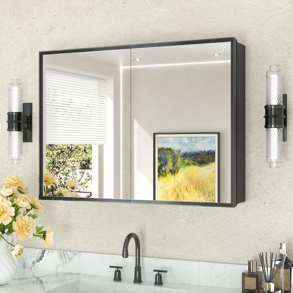 36 in. W x 24 in. H Rectangular Aluminum Medicine Cabinet with Mirror in Black