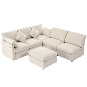 85.4 in. Chenille Sectional Sofa in Beige with Movable Ottoman and 2 USB Ports