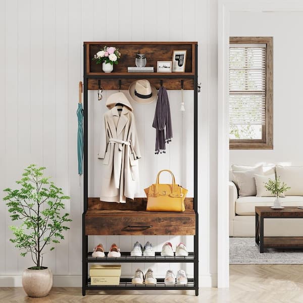 Brown 70 in. H Wood Coat Rack with Shoe Hutch, Vintage Industrial Accent Freestanding with Metal Frame Entryway Home