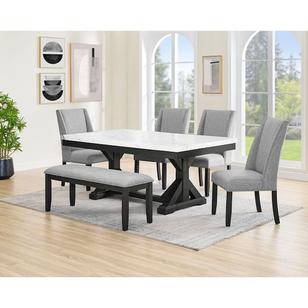 Juno 6-Piece White Faux Marble Top Wood Rustic Grey Base Dining Set with 4 Grey Chairs And 1 Bench