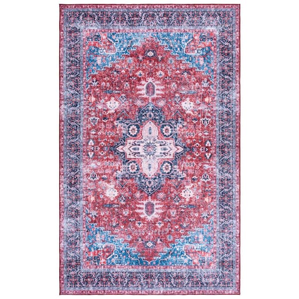 SAFAVIEH Arizona Red/Navy 8 ft. x 10 ft. Machine Washable Traditional Medallion Border Area Rug
