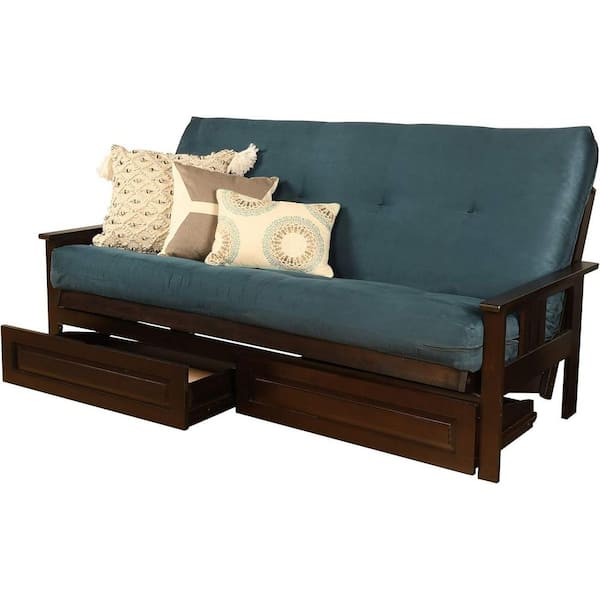 79 in. Espresso/Suede Navy Polyester Upholstered Full Size Futon Set with Mattress and Storage Drawers