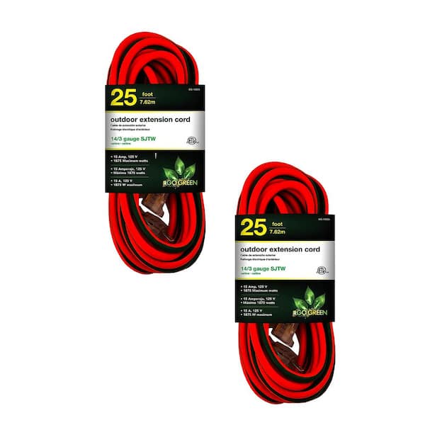 Go Green Power 25 ft. 14/3 SJTW Outdoor Extension Cord - Orange with Green Lighted End - 2-Pack
