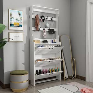 White Wood 3-in-1 Hall Tree Coat Rack Storage Shoe Cabinet With 7-Metal Hooks and 3-Drawers