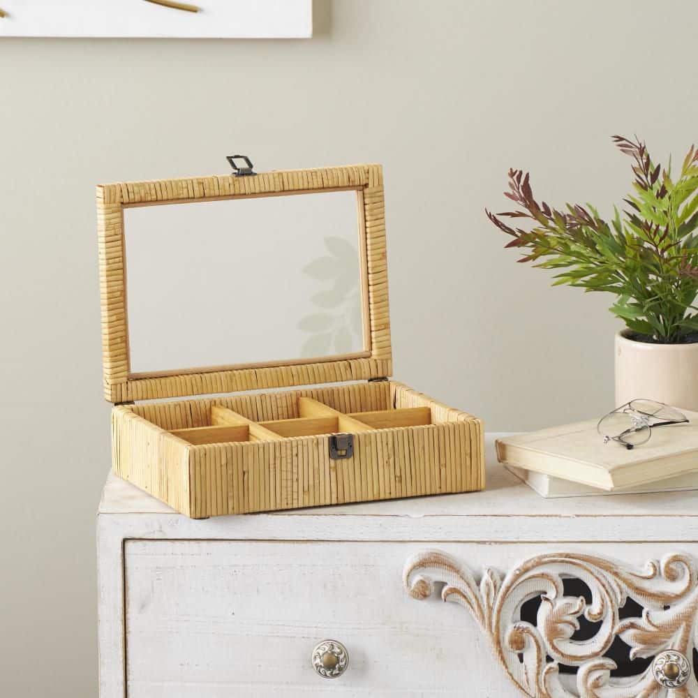 Ruby Lane Box Litton Lane Brown Rattan Handmade Wrapped 6 Slot Jewelry Box with ...