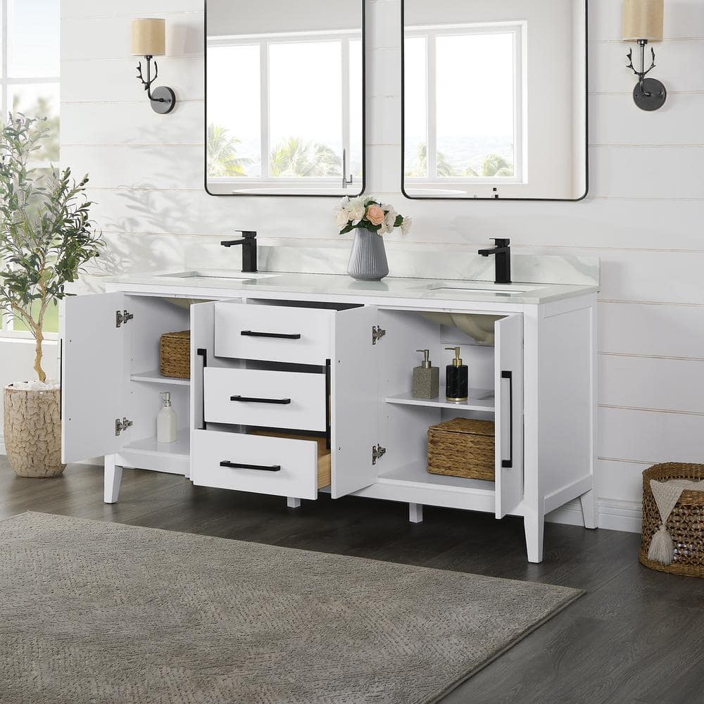 Laurel 72" White Fir Wood Vanity with Calacatta Quartz Top