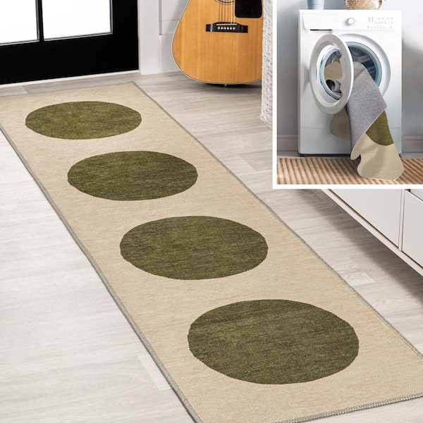 JONATHAN Y Cirkel Minimalist Geometric Dot Machine-Washable Cream/Olive 2 ft. x 8 ft. Area Rug