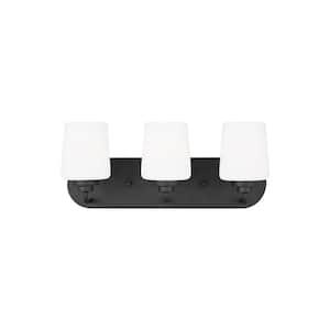 Windom 18 in. 3-Light Matte Black Contemporary Traditional Wall Bathroom Vanity Light with Alabaster Glass Shades